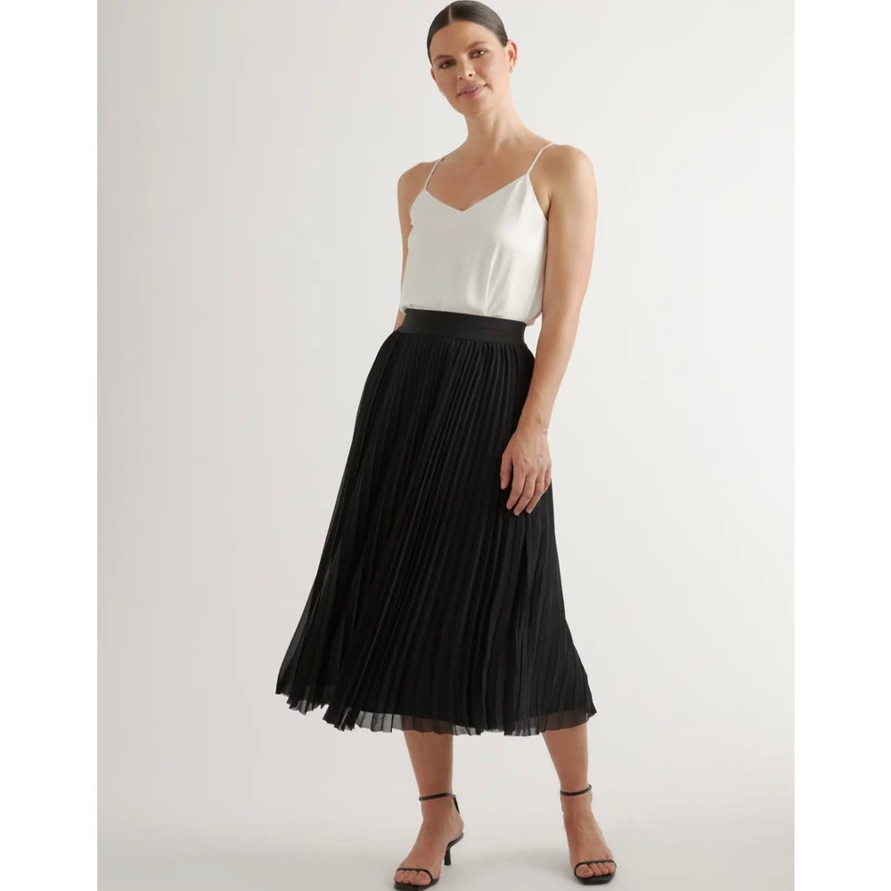 QUINCE Black Chiffon Pleated Midi Skirt Size XS